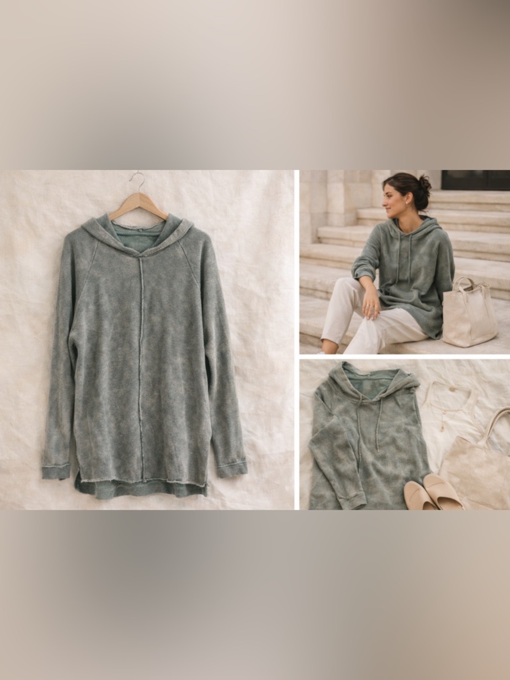 Mono B Sandwashed Hooded Tunic Sweatshirt Sage Green Small EUC